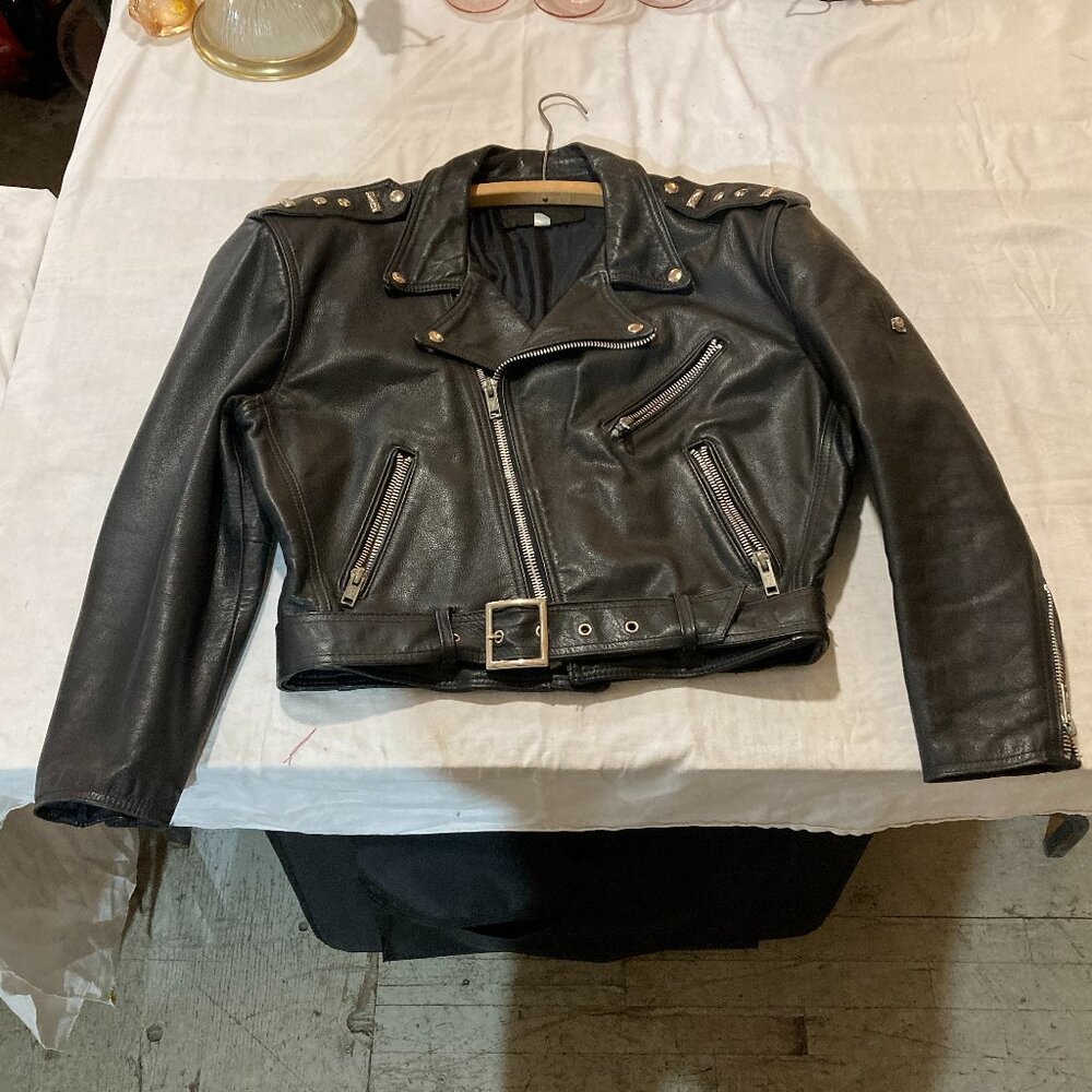 Vtg OSCAR LEOPOLD 1990 black leather perfecto biker motorcycle mens jacket sz M